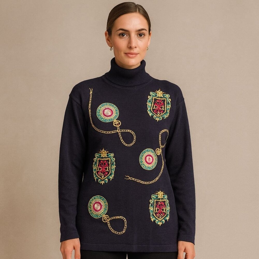 Vintage 90s Timepiece‎ Sweater with Watches and Crests in Black Wool Blend